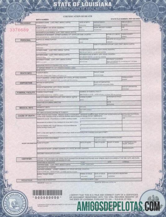 Certidão de Óbito da Louisiana nos EUA baixar para verificação